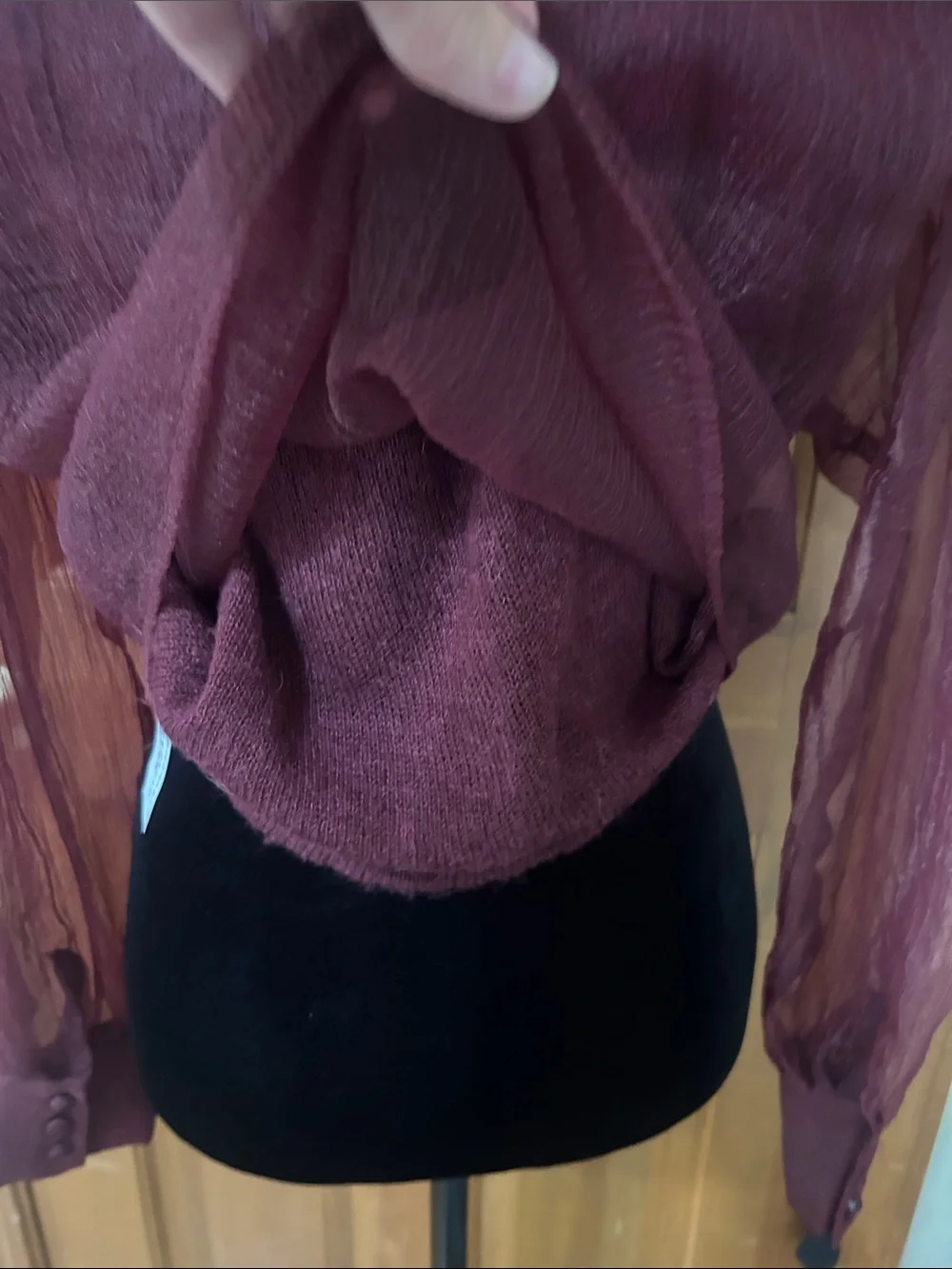 ZARA Burgundy Limited Edition Organza Puff Sleeve Sweater